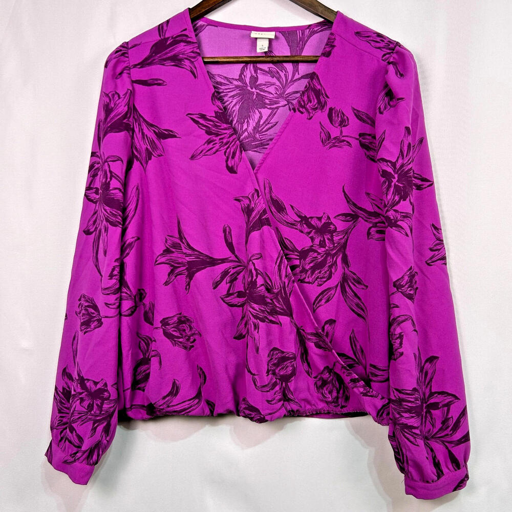 A New Day Purple Floral Wrap Front Long Sleeve Blouse Women’s Size Large L
